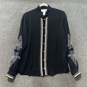 VTG 90s Jordan Button Up Blouse Top Small Black Embroidered Mock Neck Office